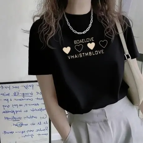 黑色纯棉短袖t恤女2025新款夏季半高领宽松设计感洋气百搭上衣潮图片