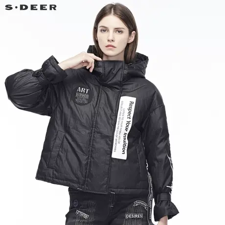 sdeer圣迪奥2018冬装新款刺绣字母布贴高领连帽短羽绒服S18482466商品大图