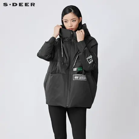 sdeer圣迪奥女装高领连帽撞色字母中长款羽绒服S214Z2468🔽商品大图