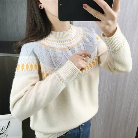 圆领套头毛衣女士春装2024新款拼色复古减龄针织衫打底衫宽松上衣图片