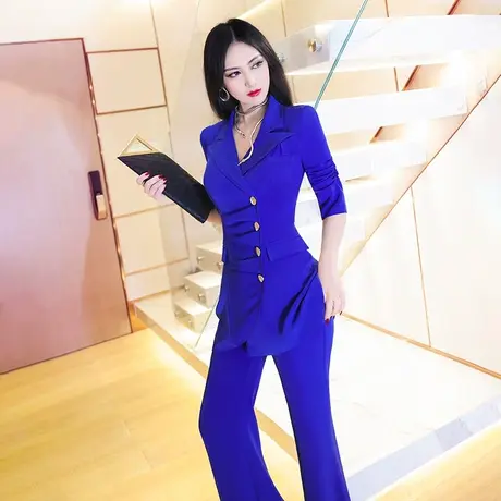 VJE职业OL套装女夏新款设计感不规则褶皱荷叶边外套喇叭裤两件套商品大图