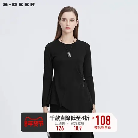 sdeer圣迪奥冬季女装通勤圆领拼接不规则长袖黑色T恤S20480208👻商品大图