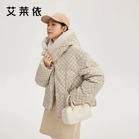 艾莱依新款羽绒服连帽印花时尚老花短款运动时尚休闲高街保暖外套商品大图
