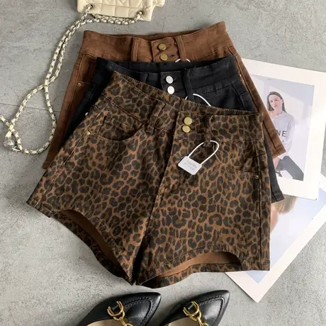 双扣时髦洋气豹纹辣妹牛仔短裤女2024秋季新款修身弹力百搭热裤子商品大图