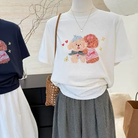 韩系小狗印花正肩雪花棉短袖t恤女2025夏季新款修身显瘦减龄上衣商品大图