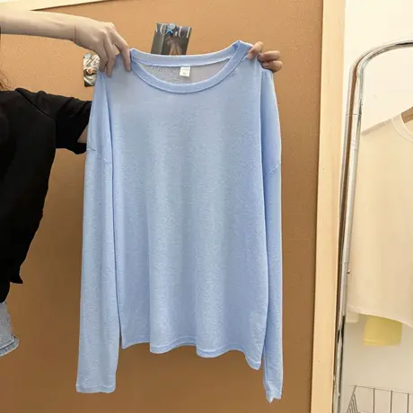 bf慵懒风长袖空调罩衫女夏季韩版外搭宽松薄款微透防晒衫T恤上衣商品大图