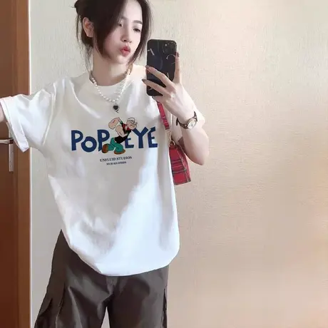 胖mm大码纯棉短袖T恤女oversize正肩半袖白色个性炸街上衣ins港风商品大图