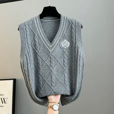 麻花针织马甲背心女学院风早秋新款宽松刺绣叠穿毛衣坎肩外搭马夹商品大图