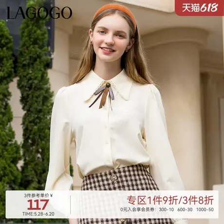 LAGOGO气质法式蝴蝶结衬衫女拉谷谷精致刺绣文艺学院风泡泡袖上衣商品大图