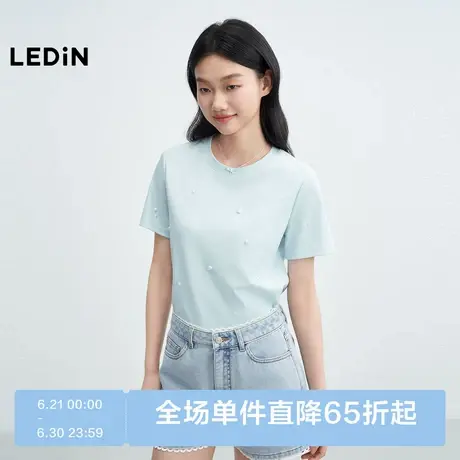 乐町手工珍珠蓝色T恤女装25年夏季新款甜美气质上衣圆领合体短袖图片