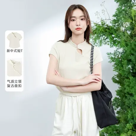 KWV真维斯卡其色正肩短袖t恤女夏2025新款新中式短款上衣女夏商品大图