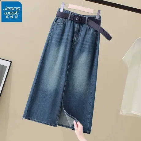 KHV真维斯复古开叉牛仔半身裙女2025春秋新款小个子高腰a字包臀裙商品大图