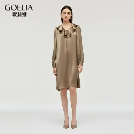歌莉娅双面缎连衣裙女2024秋季新款气质荷叶领长袖裙子1C8L4K120商品大图
