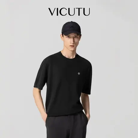 VICUTU威可多男士绵羊毛针织半袖黑色圆领时尚亲肤通勤时尚打底衫图片