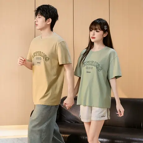 唐狮夏新款潮牌短袖T恤男宽松渐变字母印花上衣圆领宽松半袖t图片