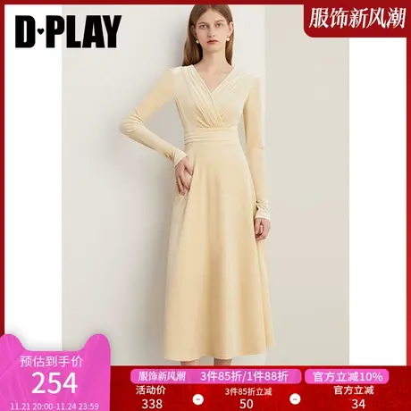 DPLAY冬新法式风杏色V字领垂坠感宽腰封丝绒连衣裙商品大图