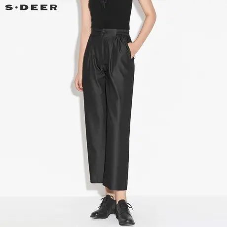 sdeer圣迪奥女装春秋装休闲松紧拼接插袋直筒黑色长裤S21380814图片