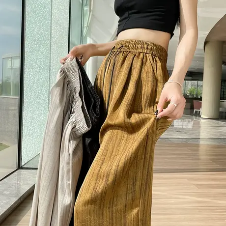 纹理感印花冰丝阔腿裤女夏季薄款高腰垂感显瘦休闲直筒拖地山本裤商品大图