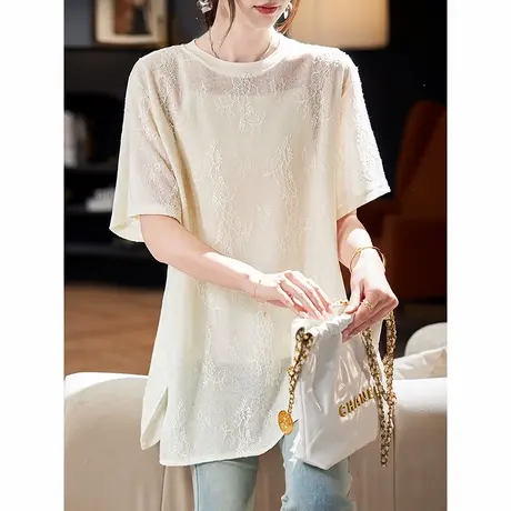 宝诗黎中长款刺绣镂空短袖T恤2025夏季慵懒宽松薄叠穿休闲上衣女商品大图