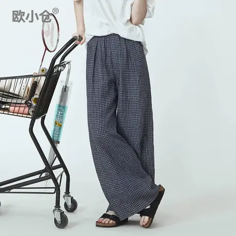 欧小仓冷萃系列亚麻裤子女款夏薄款阔腿裤松紧腰弯刀裤蓝色格子裤商品大图
