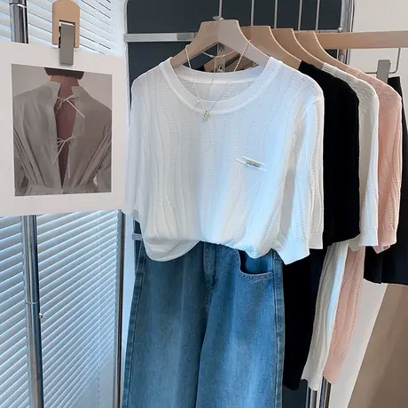 纹理冰丝针织衫女背心2025春夏新款内搭圆领上衣外穿薄短袖t恤衫图片
