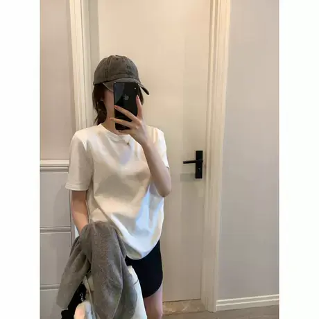 白色纯棉正肩短袖夏季2025百搭T恤女新款纯色宽松半袖中长款上衣商品大图