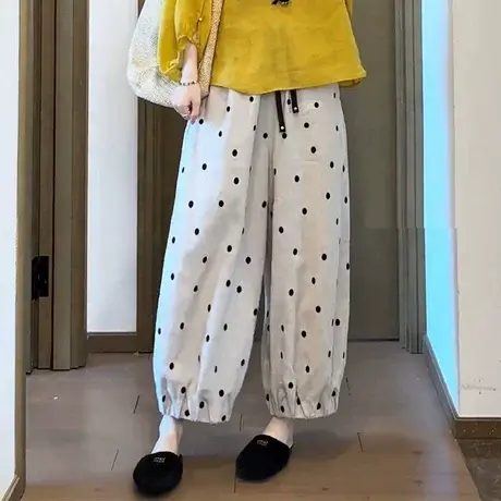 波点休闲裤女夏季薄款大码胖mm小个子宽松显瘦哈伦裤阔腿灯笼裤子商品大图
