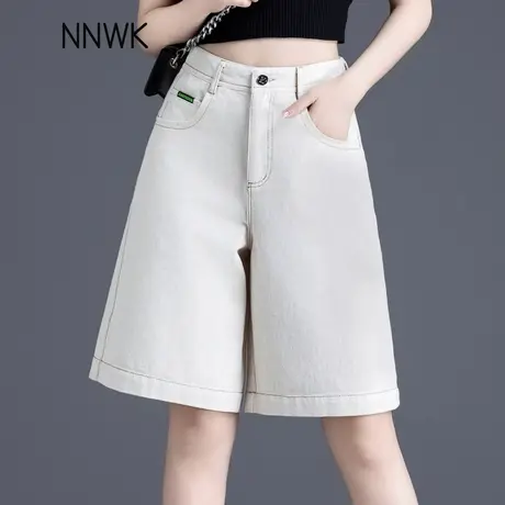 原胚色牛仔短裤女夏季薄款梨形遮胯显瘦2025年新款a字阔腿五分裤商品大图