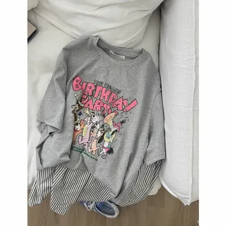 韩国东大门2025夏季新款休闲字母卡通印花圆领百搭宽松短袖t恤女商品大图