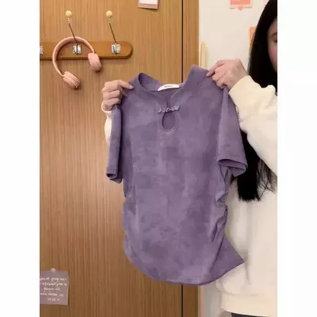 新中式国风盘扣短袖T恤女夏季修身韩版打底衫内搭扎染半袖上衣潮图片