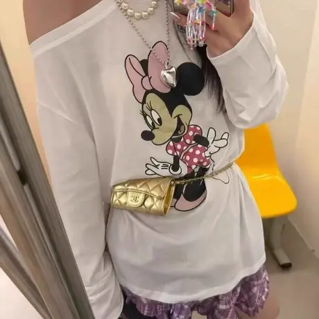 韩国东大门夏季新款卡通印花薄款防晒罩衫女宽松显瘦斜肩长袖T恤商品大图