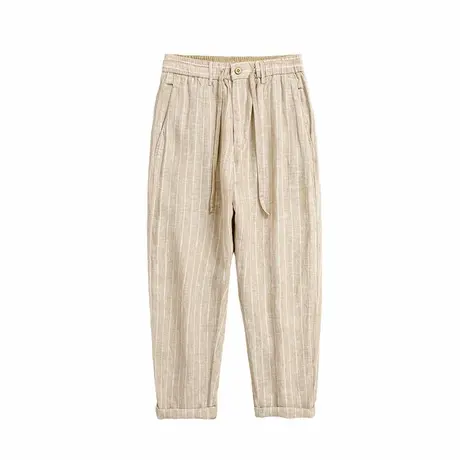 亚麻裤男宽松男士休闲裤条纹夏季裤子新款长裤抽绳男裤薄款九分裤商品大图