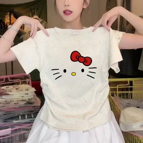 潮流短款小个子收腰t恤女2025新款褶皱修身彩虹波点短袖减龄上衣商品大图