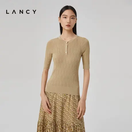LANCY/朗姿女装春季新款真丝圆领套头衫女收腰显瘦针织衫女图片