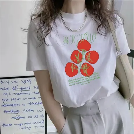 半高领白色宽松短袖t恤女2025年新款纯棉趣味字母印花高级感上衣图片