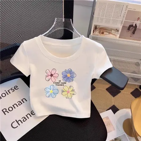 韩系白色小个子印花短袖t恤女夏季短款修身显瘦上衣2025新款洋气图片