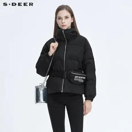 sdeer圣迪奥冬季立领字母印花腰包黑色保暖短款羽绒服女S20462411商品大图