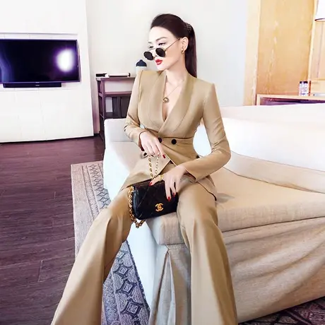 VJE御姐风OL西装套装女秋新款双排扣设计感小西服西裤两件套图片