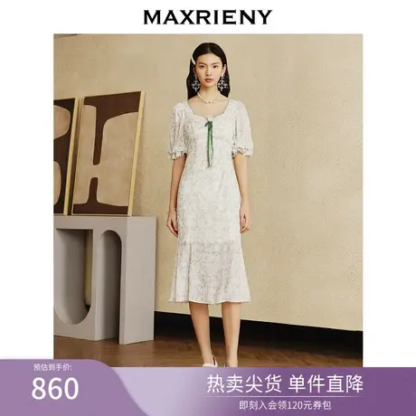 MAXRIENY仙美复古感绿花连衣裙女2023新款褶皱设计感裙子修身显瘦商品大图