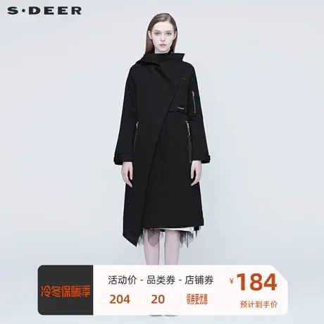 sdeer圣迪奥黑色风衣女装不规则领印花长款风衣外套女S20381815📮商品大图