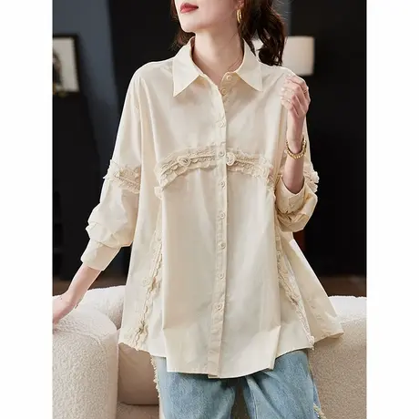 宝诗黎蕾丝拼接宽松长袖衬衫2025春季韩版洋气休闲棉质大码衬衣女商品大图