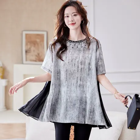 宝诗黎圆领烫钻拼接短袖T恤2025夏季中长款气质百搭宽松大码女装商品大图