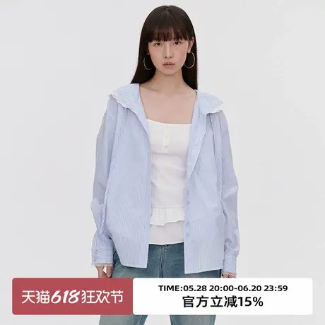 omont蛋挞家复古连帽蕾丝拼接长袖衬衫2025夏季宽松休闲条纹衬衣商品大图