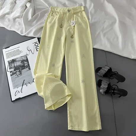 刺绣时尚腰链牛仔裤女2025夏季新款韩版休闲宽松百搭直筒窄版长裤商品大图