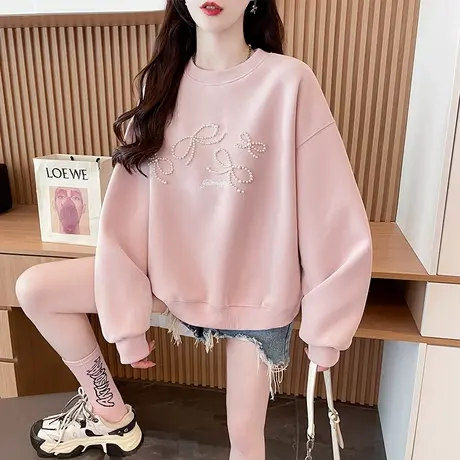 重工钉珠卫衣女春秋韩版宽松大码薄款学生百搭早秋蝴蝶结上衣外套图片