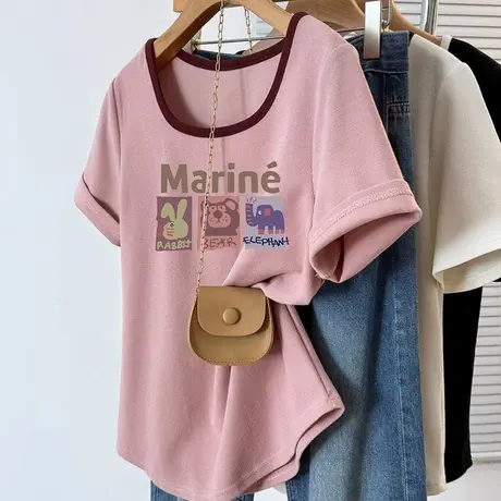 vintage正肩洋气短袖t恤女奶系穿搭温柔夏日绝美多巴胺小上衣ins商品大图