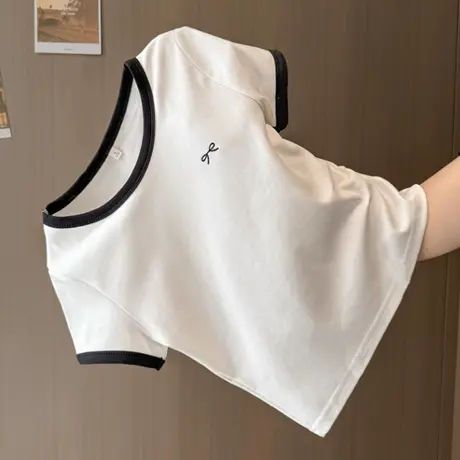 韩系高级感蝴蝶结刺绣短袖T恤女夏季小个子修身韩版短款正肩上衣图片