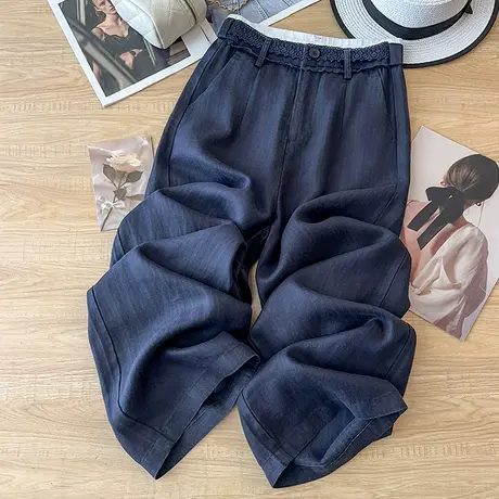 拉夏贝尔藏青色阔腿裤女夏季薄款2025新款垂坠感防晒裤蕾丝直筒裤商品大图