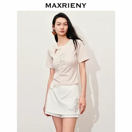 【奥莱】MAXRIENY新中式绣珠装饰T恤正肩上衣女商品大图