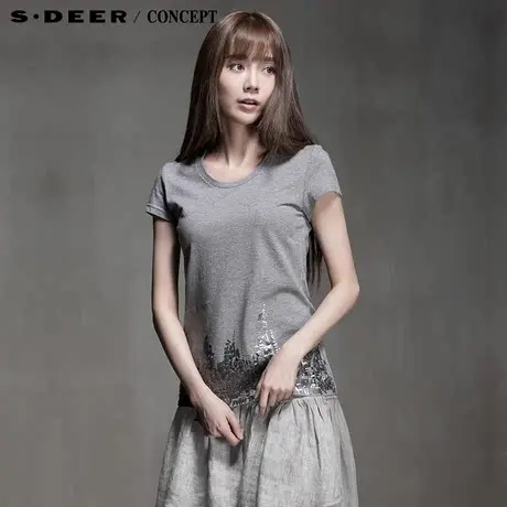 sdeer圣迪奥专柜正品女装夏装立体亮片缀饰摆休闲短T恤S15280102图片